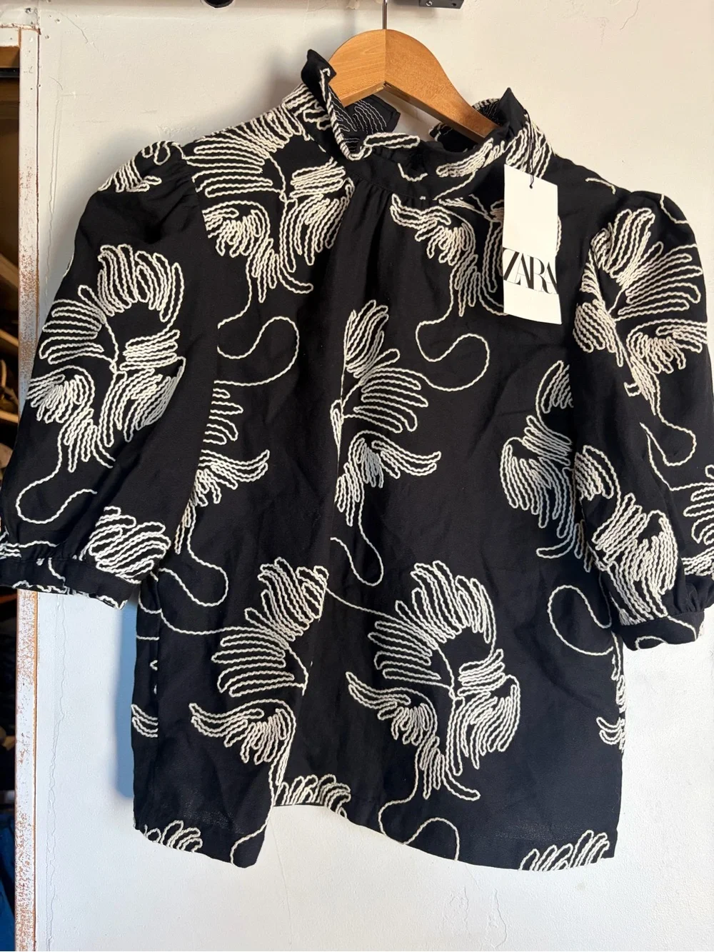 New with tags, Zara Black Floral Puff-Sleeve Blouse with Mock Neck